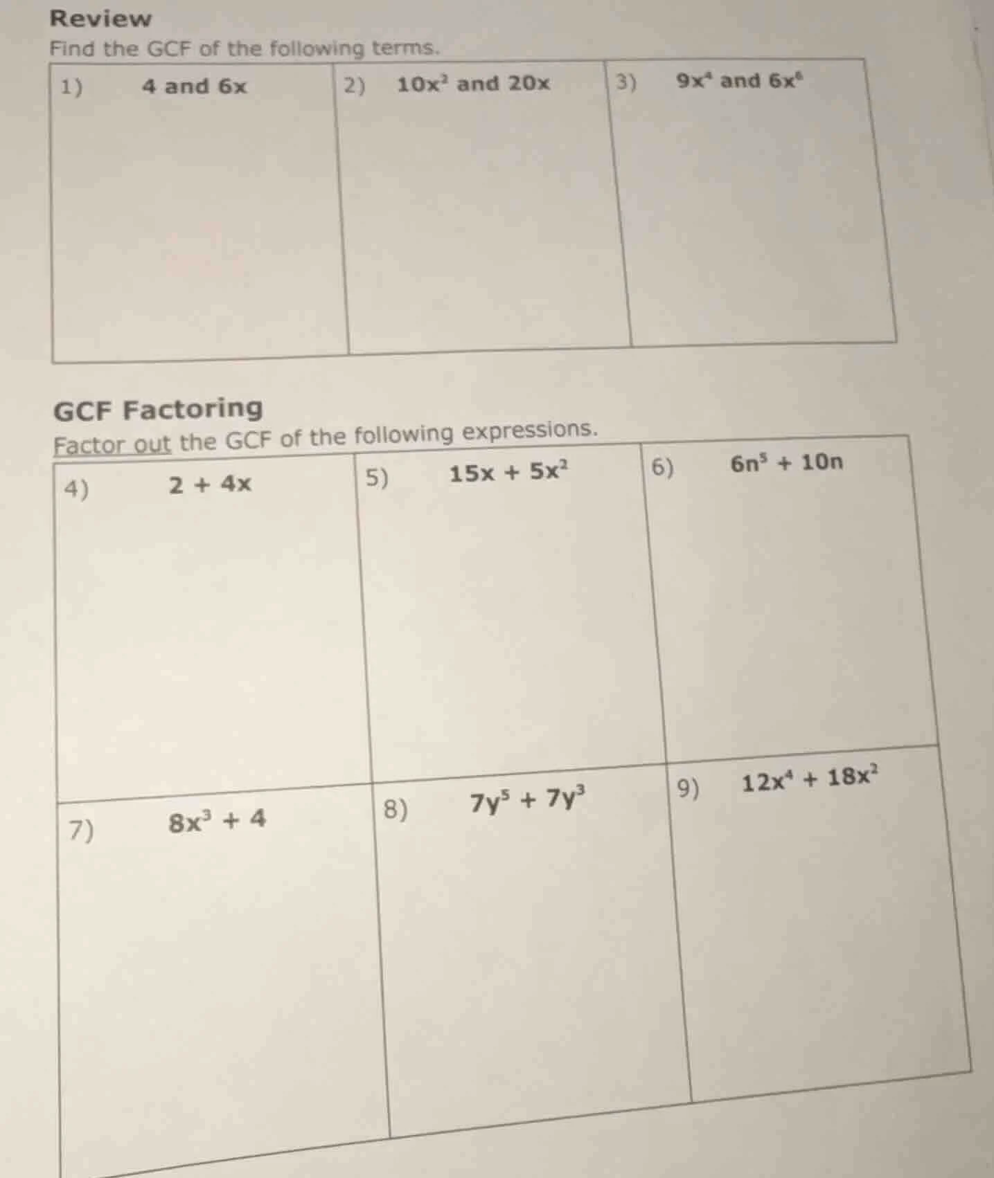 review find the gcf of the following terms. 1) 4 and 6x 2) 10x² and 20x…
