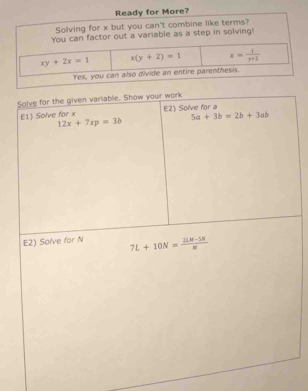 ready for more? solving for x but you can’t combine like terms? you can…