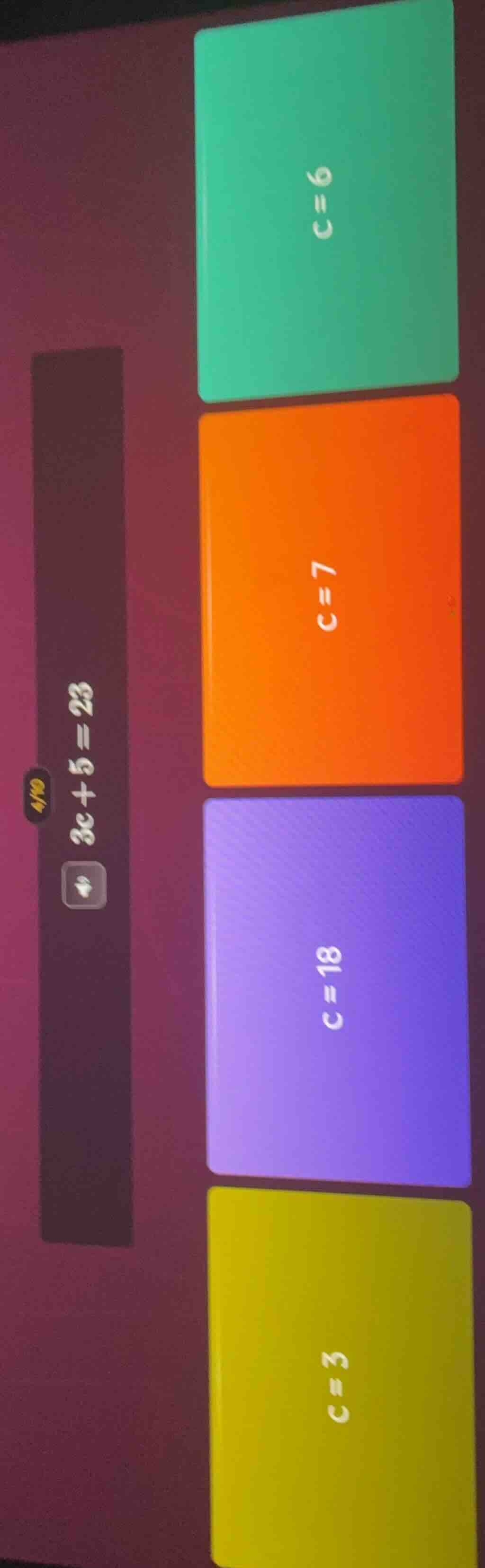 3c + 5 = 23, options: c=3, c=18, c=7, c=6
