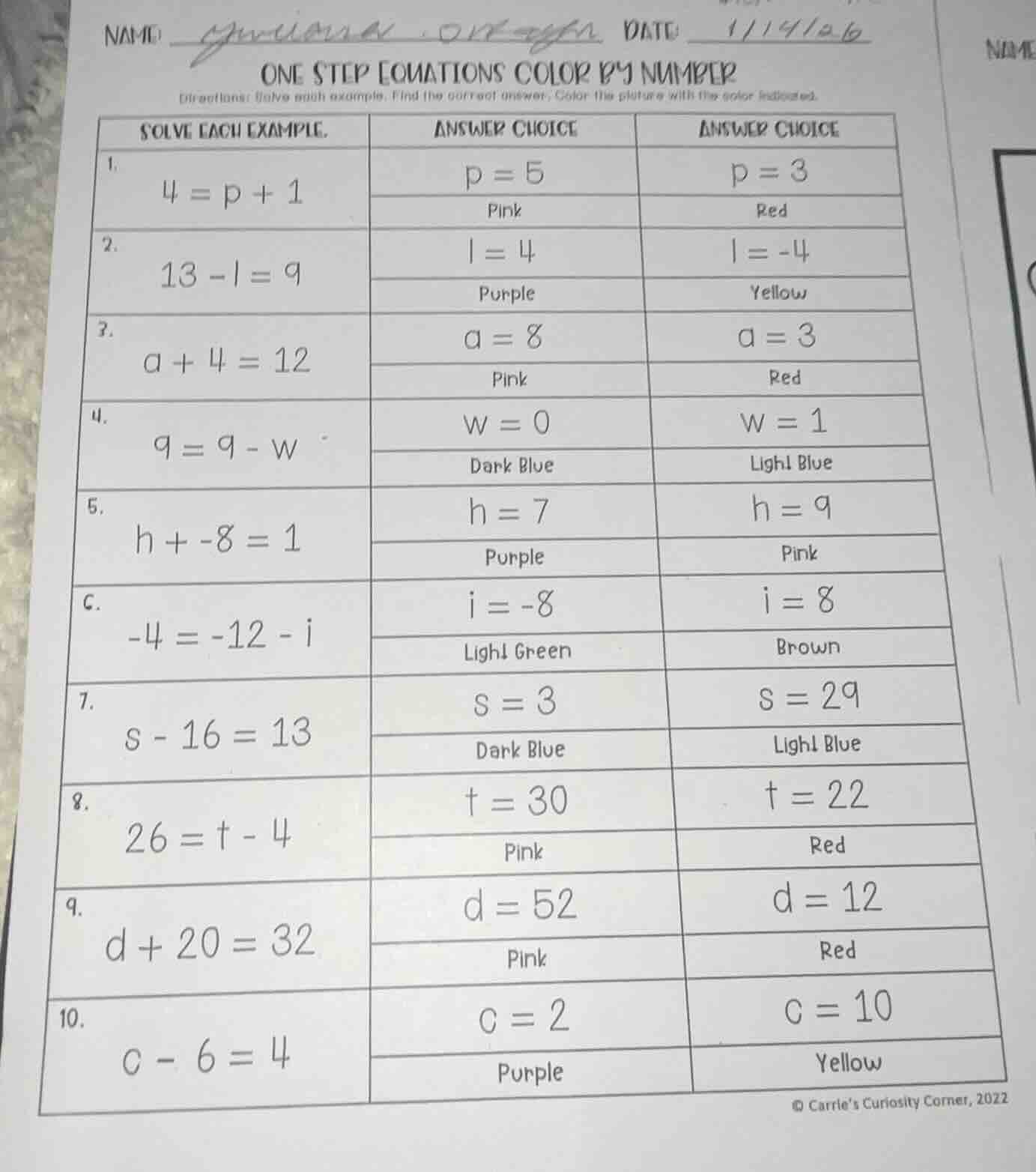 name: date: 11/4/26 one step equations color by number directions: solv…