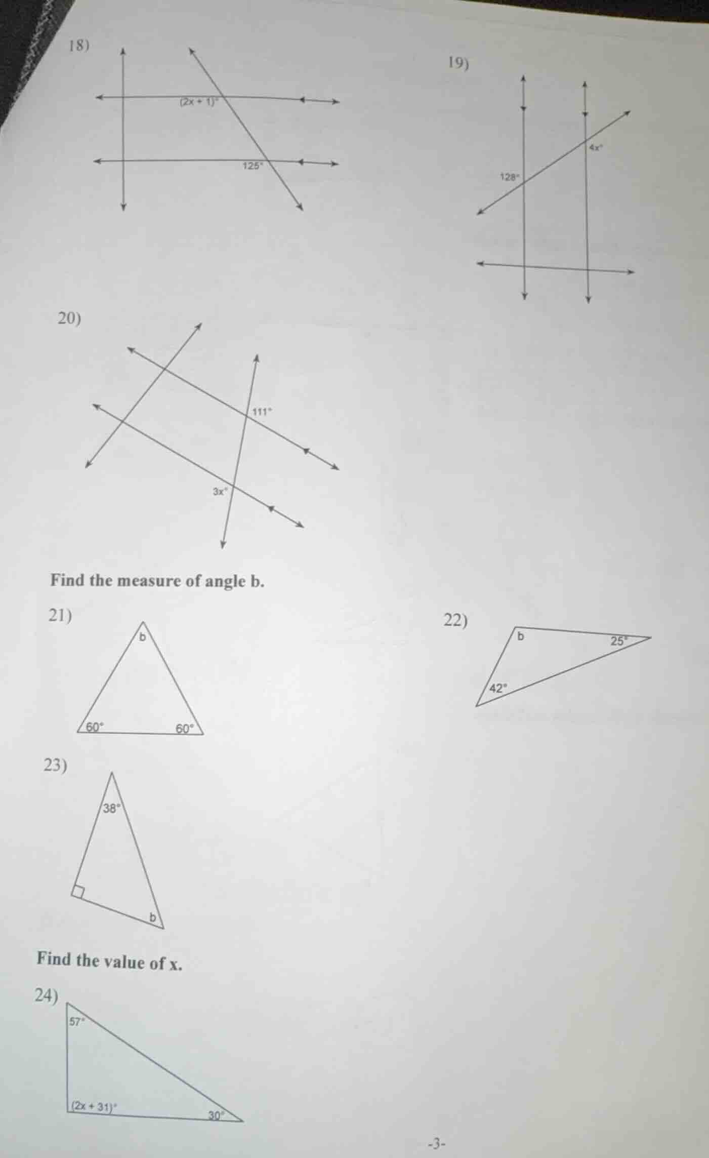 18) (2x + 1)° 125° 19) 4x° 128° 20) 111° 3x° find the measure of angle …