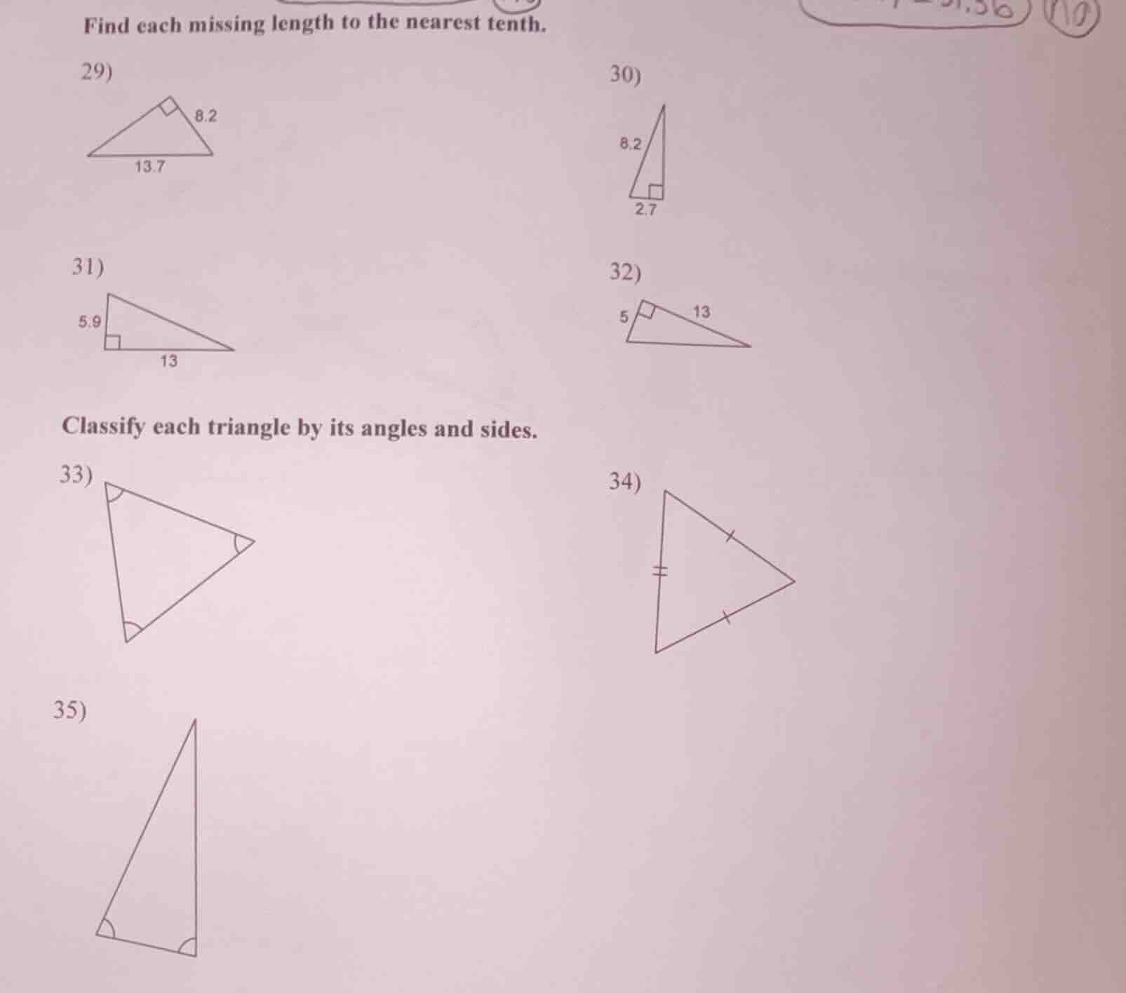 find each missing length to the nearest tenth. 29) (right triangle with…