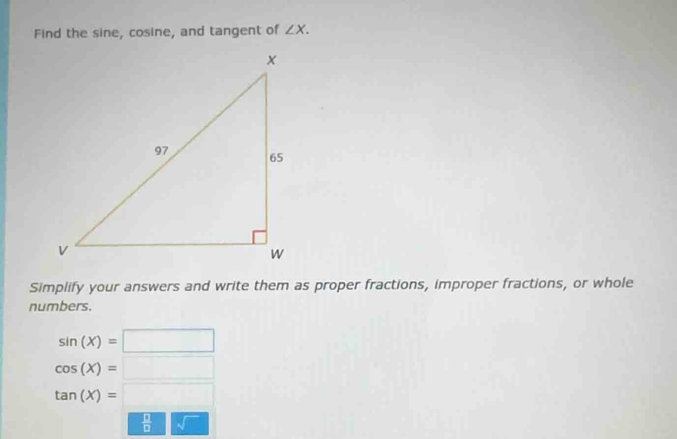 find the sine, cosine, and tangent of ∠x. simplify your answers and wri…