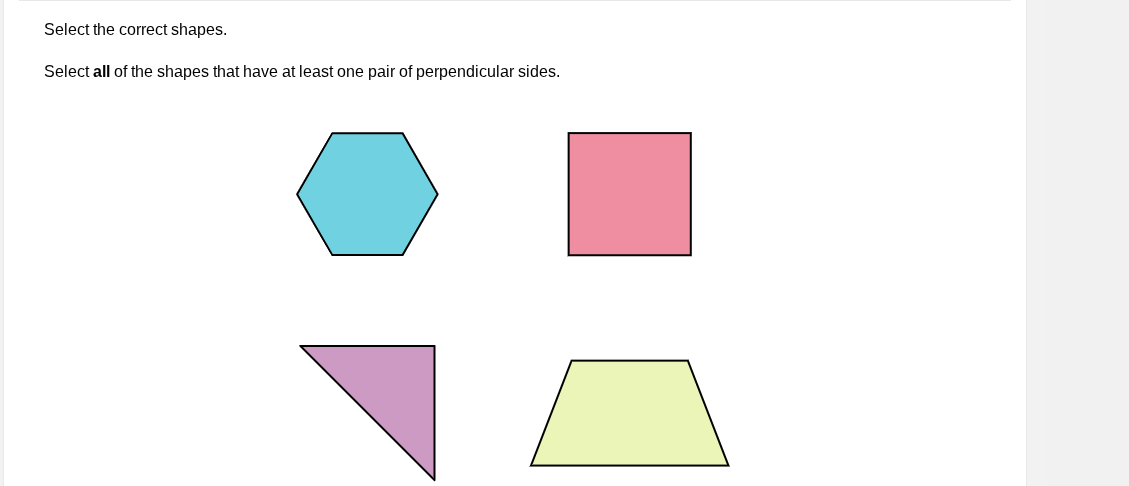 select the correct shapes. select all of the shapes that have at least …