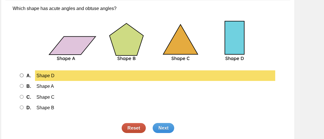 which shape has acute angles and obtuse angles? shape a shape b shape c…