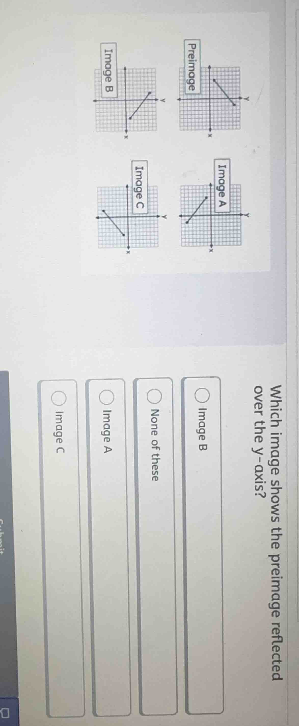 which image shows the preimage reflected over the y - axis? options: im…