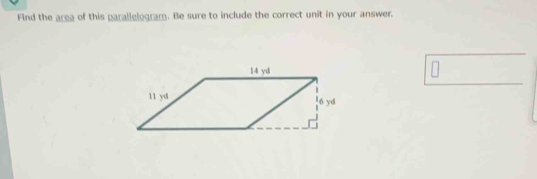 find the area of this parallelogram. be sure to include the correct uni…