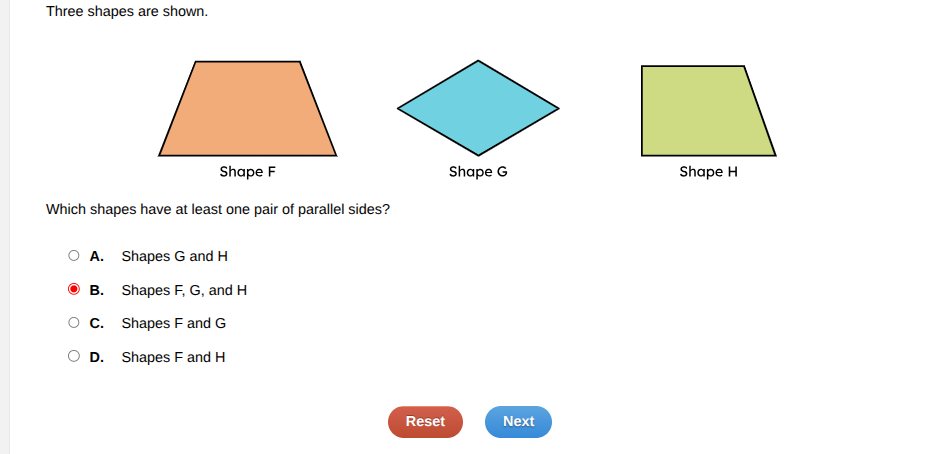 three shapes are shown. shape f (a trapezoid), shape g (a rhombus), sha…