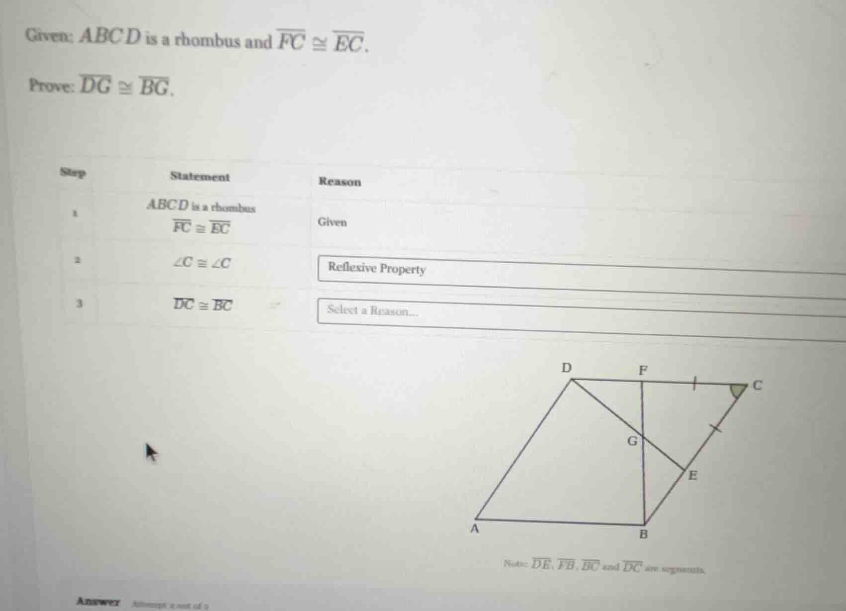 given: abcd is a rhombus and \\(\\overline{fc} \\cong \\overline{ec}\\)…