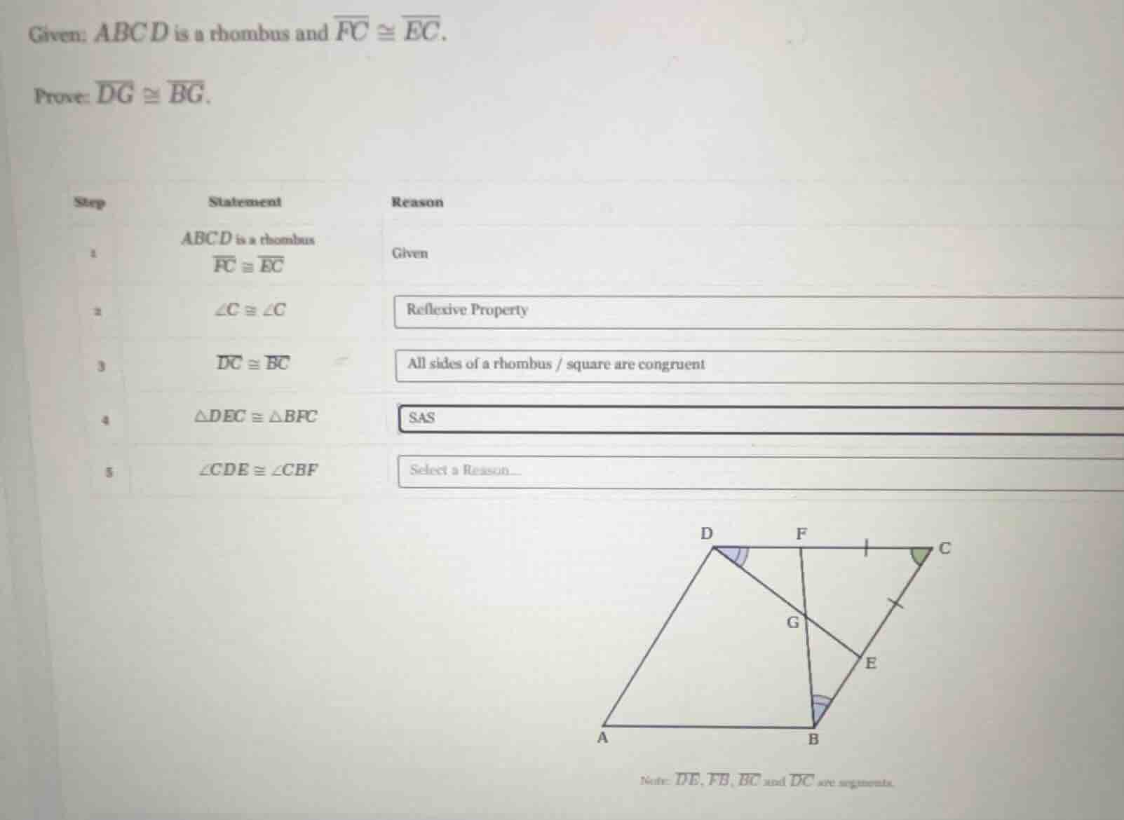 given: abcd is a rhombus and \\(\\overline{fc} \\cong \\overline{ec}\\)…