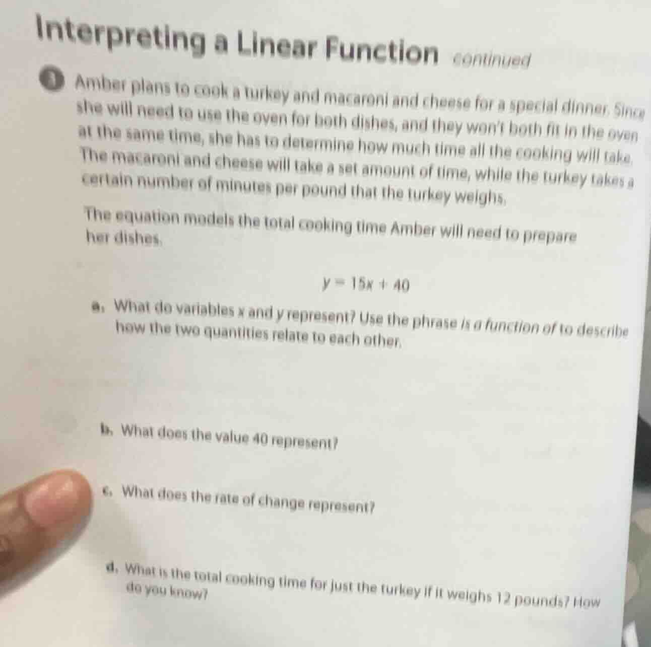 interpreting a linear function continued 1 amber plans to cook a turkey…