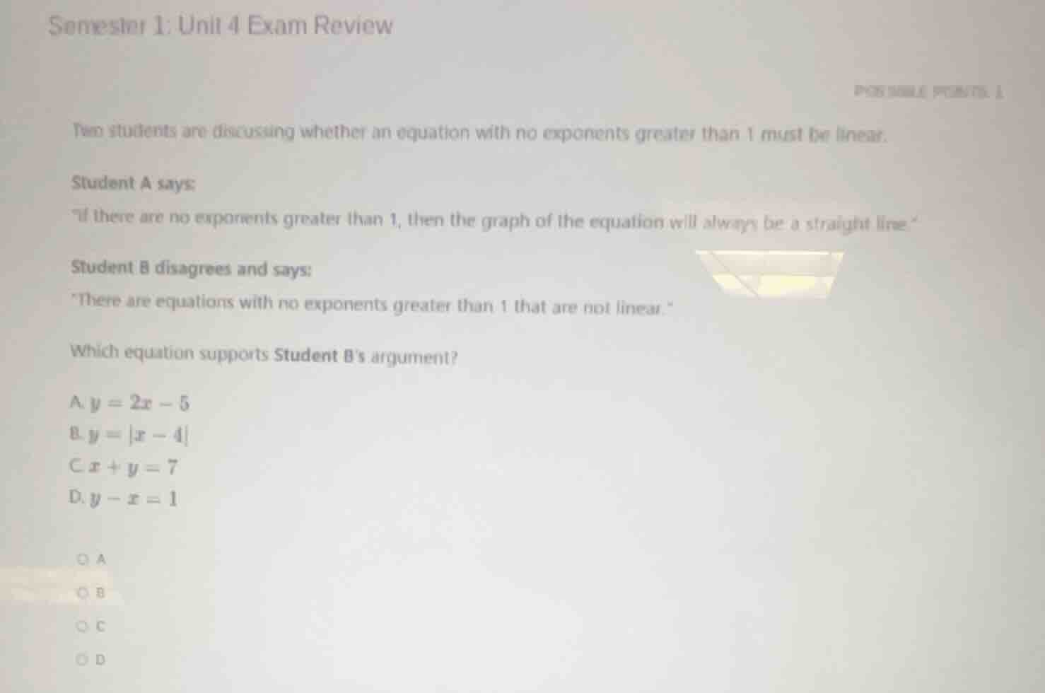 semester 1: unit 4 exam review possible points: 1 two students are disc…