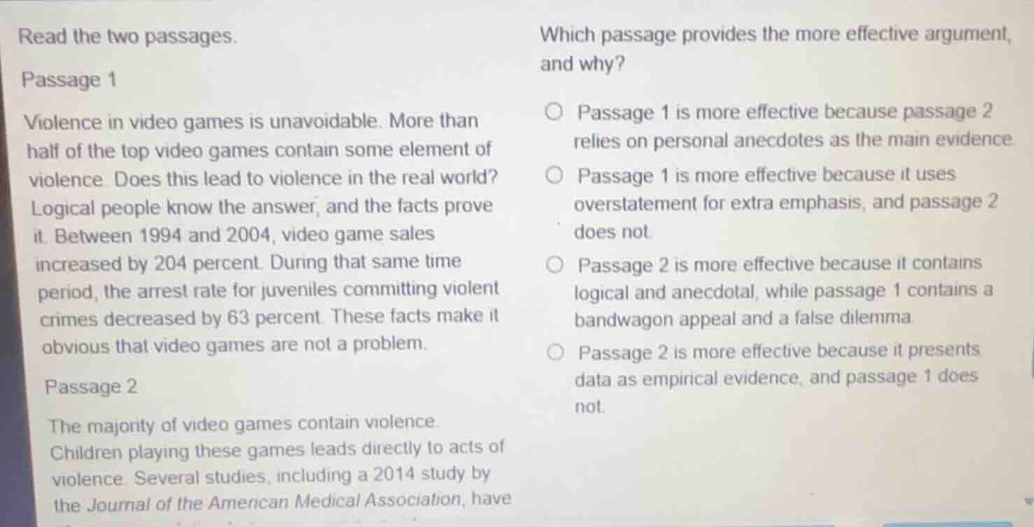 read the two passages. passage 1 violence in video games is unavoidable…