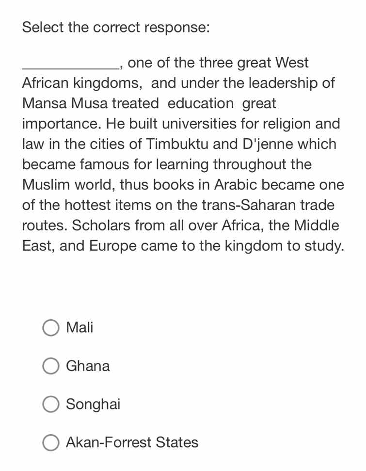select the correct response: __________, one of the three great west af…