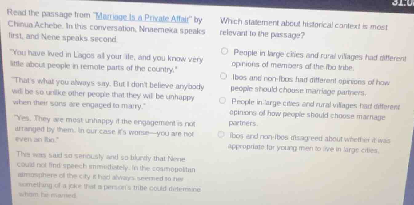 read the passage from \marriage is a private affair\ by chinua achebe. …