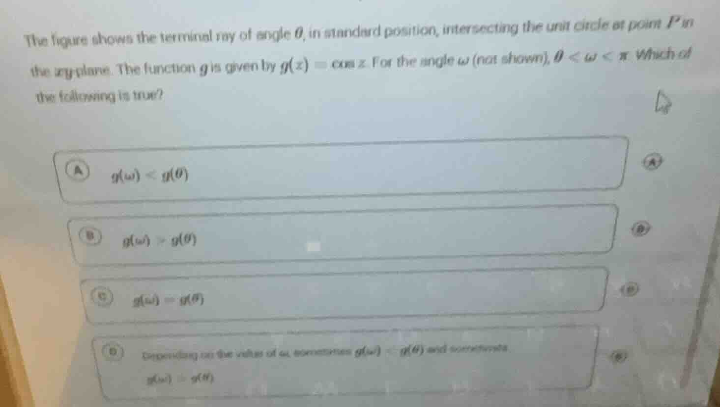 the figure shows the terminal ray of angle $\\theta$, in standard posit…