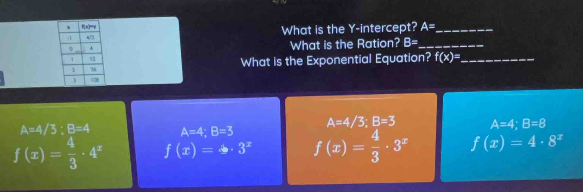x | f(x)=y -1 | 4/3 0 | 4 1 | 12 2 | 36 3 | 108 what is the y-intercept…
