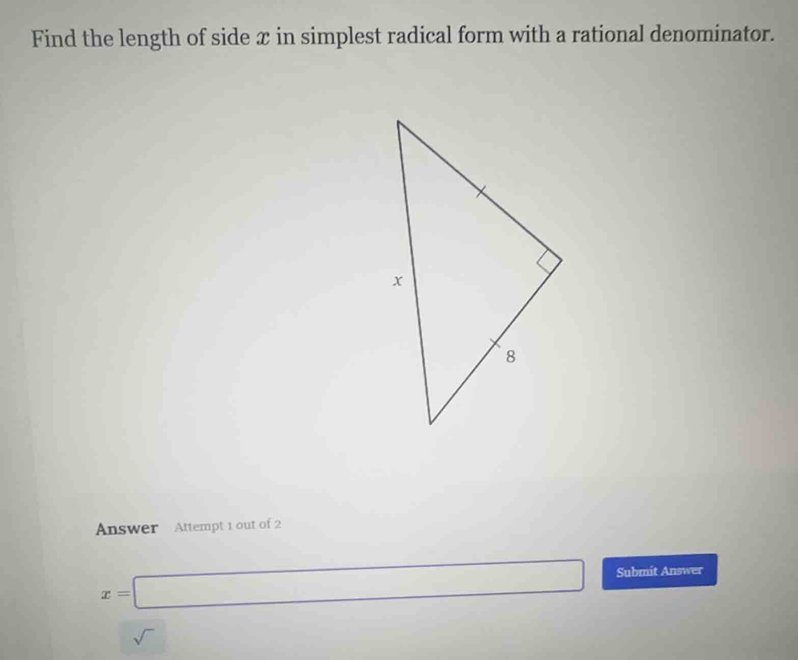 find the length of side x in simplest radical form with a rational deno…