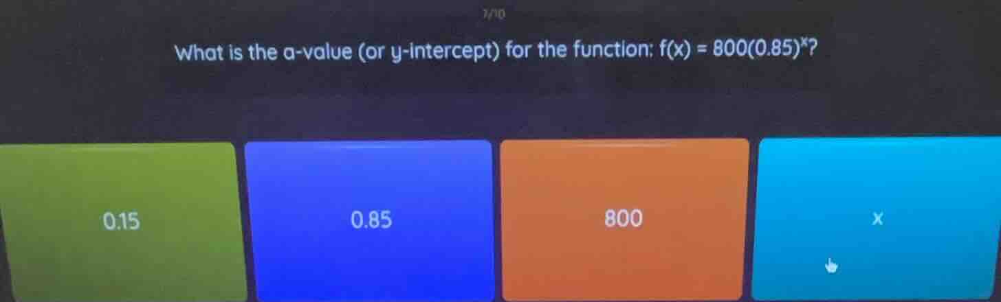 what is the a - value (or y - intercept) for the function: $f(x)=800(0.…