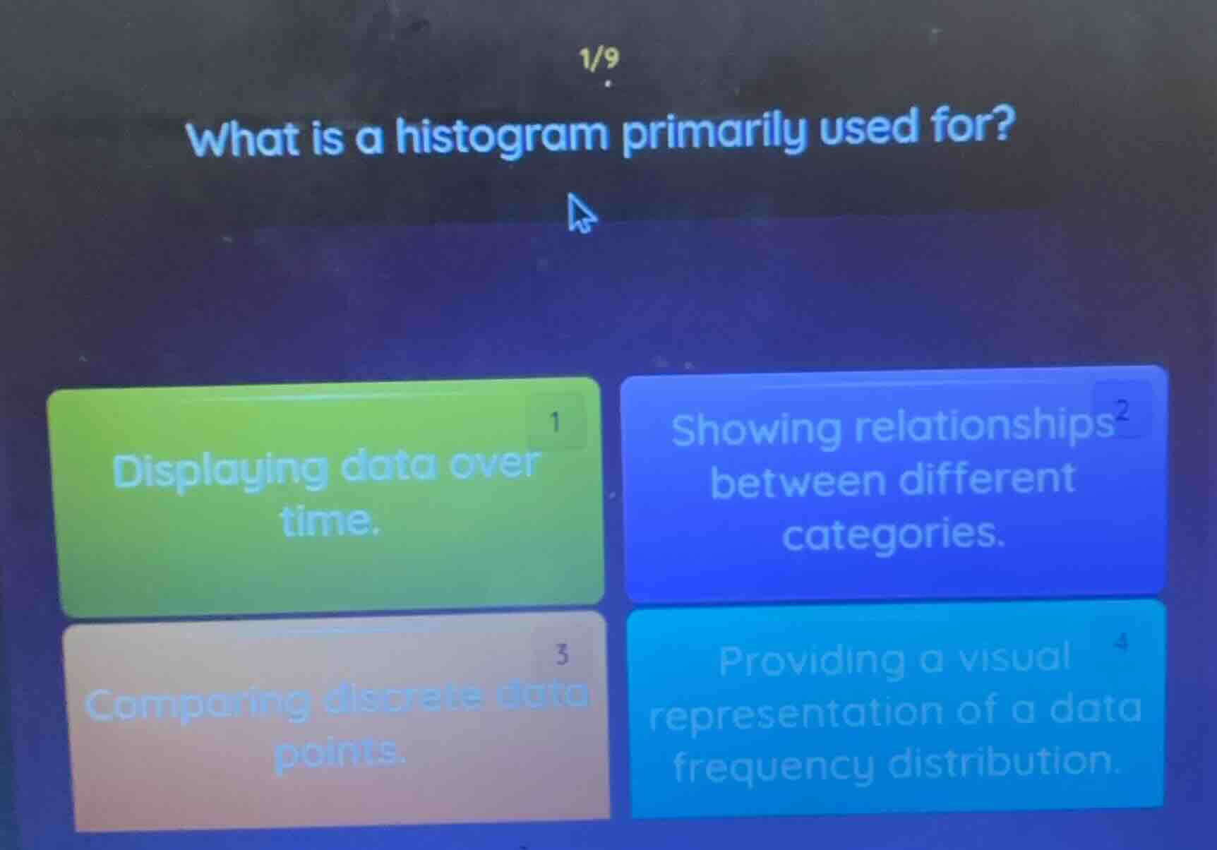 1/9 what is a histogram primarily used for? 1 displaying data over time…