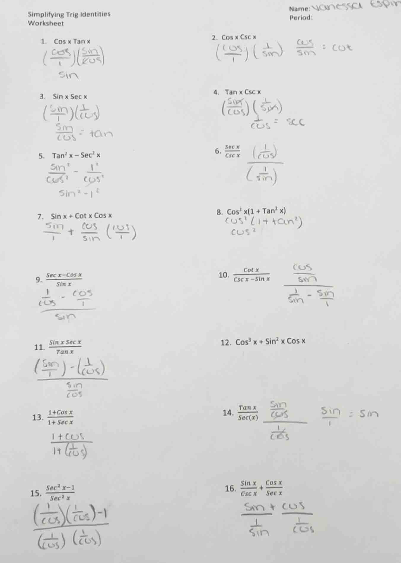 simplifying trig identities worksheet 1. cos x tan x 2. cos x csc x 3. …