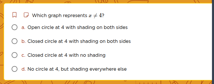 which graph represents $x \ eq 4$? a. open circle at 4 with shading on …