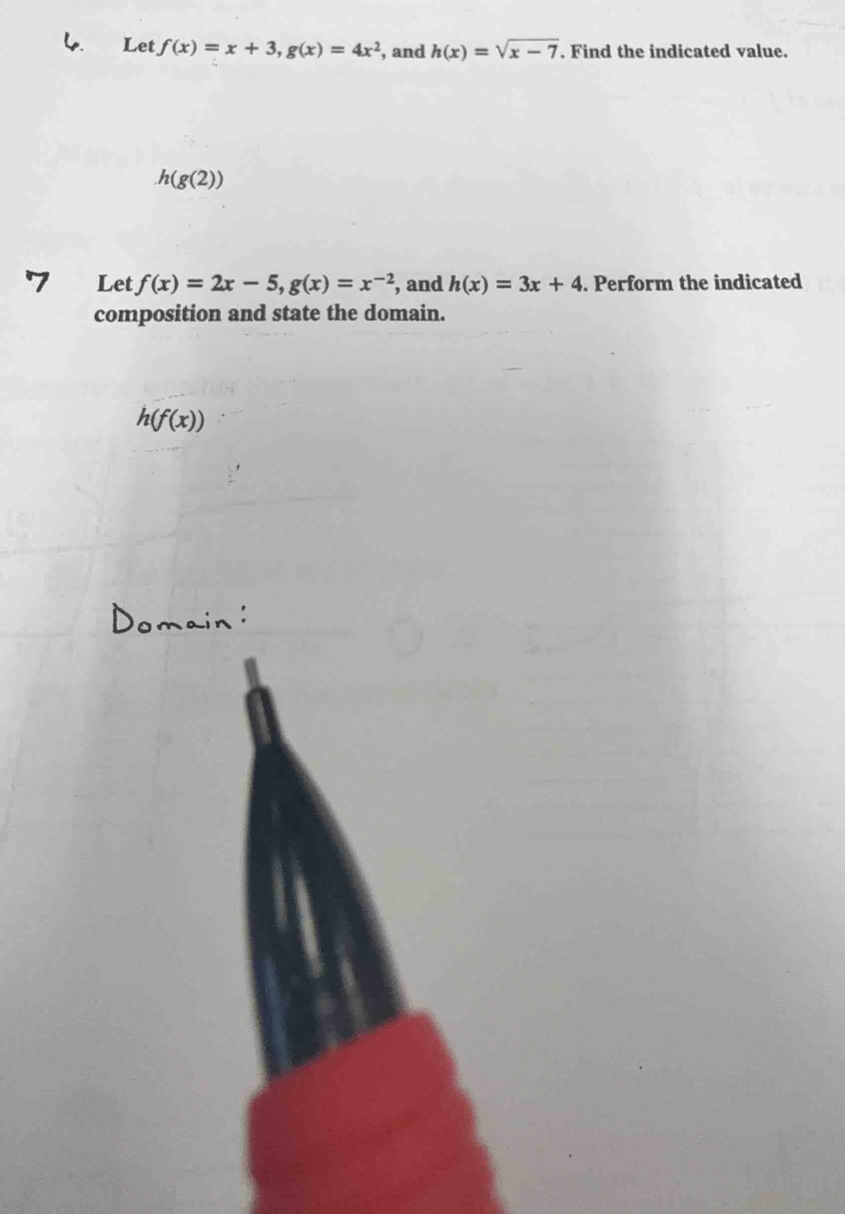 4. let $f(x) = x + 3$, $g(x) = 4x^2$, and $h(x) = \\sqrt{x - 7}$. find …