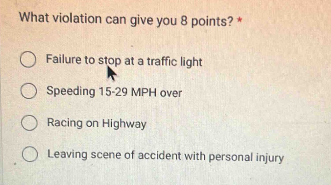 what violation can give you 8 points? * ○ failure to stop at a traffic …