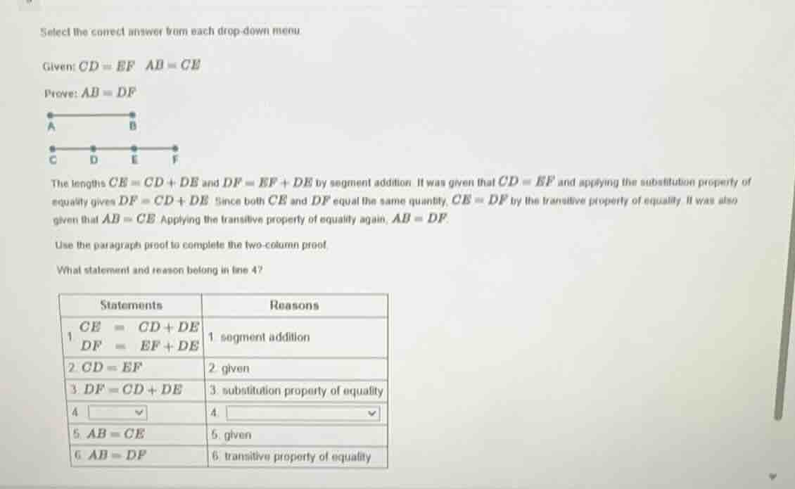select the correct answer from each drop - down menu given: ( cd = ef )…