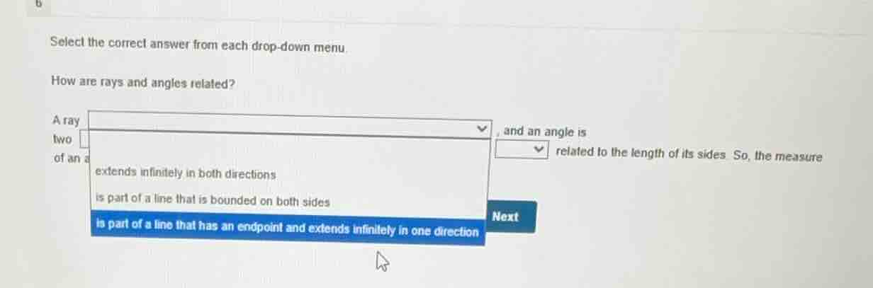 select the correct answer from each drop - down menu. how are rays and …