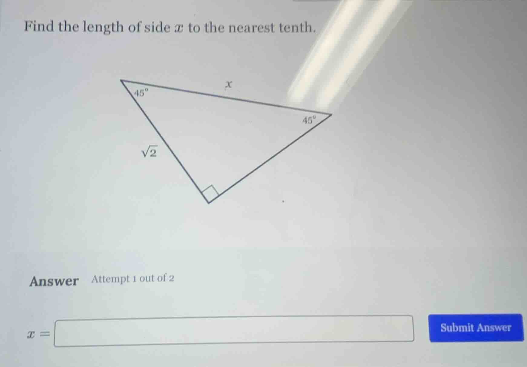 find the length of side ( x ) to the nearest tenth. (there is a right -…