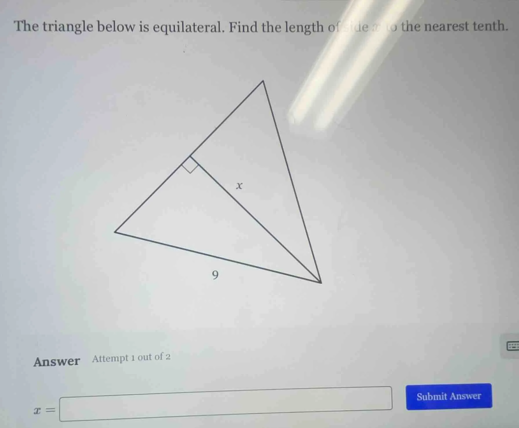 the triangle below is equilateral. find the length of side x to the nea…