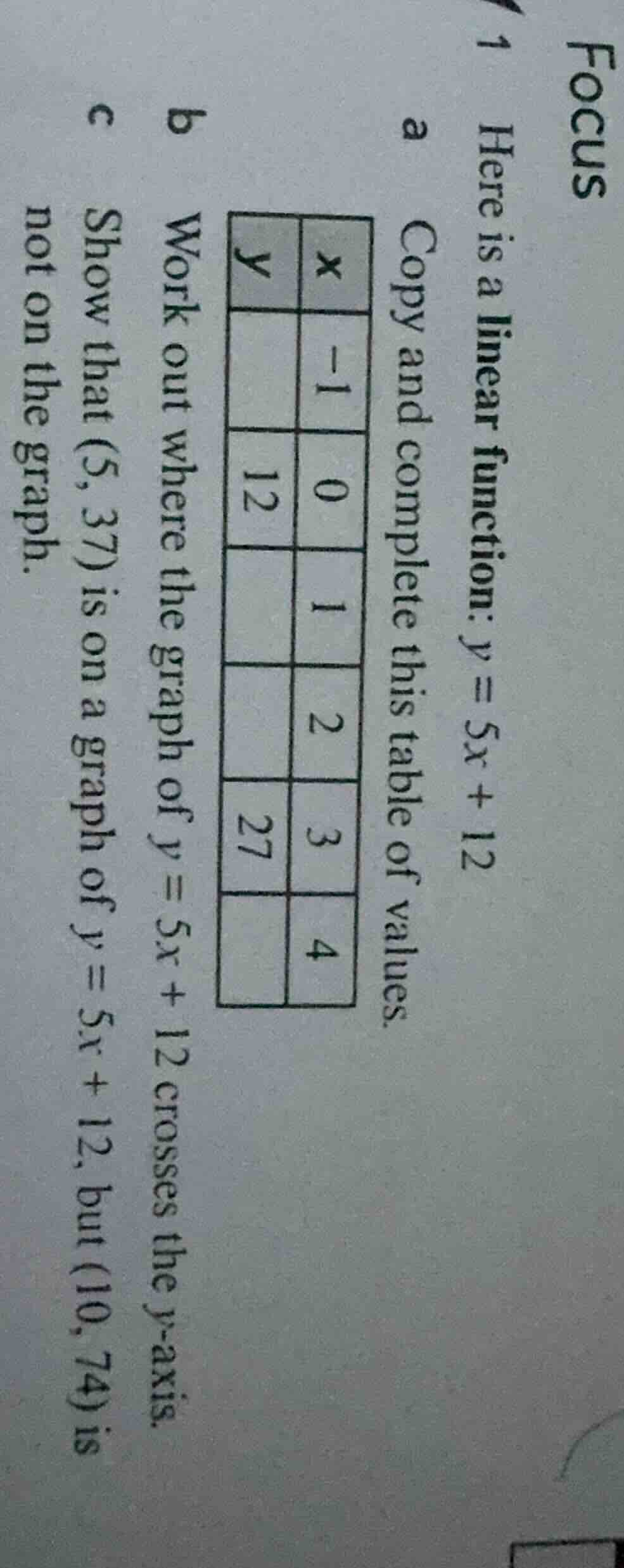 focus 1 here is a linear function: $y = 5x + 12$ a copy and complete th…