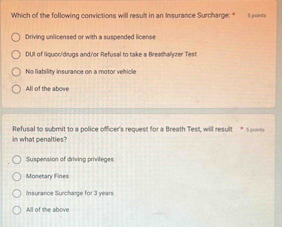 which of the following convictions will result in an insurance surcharg…