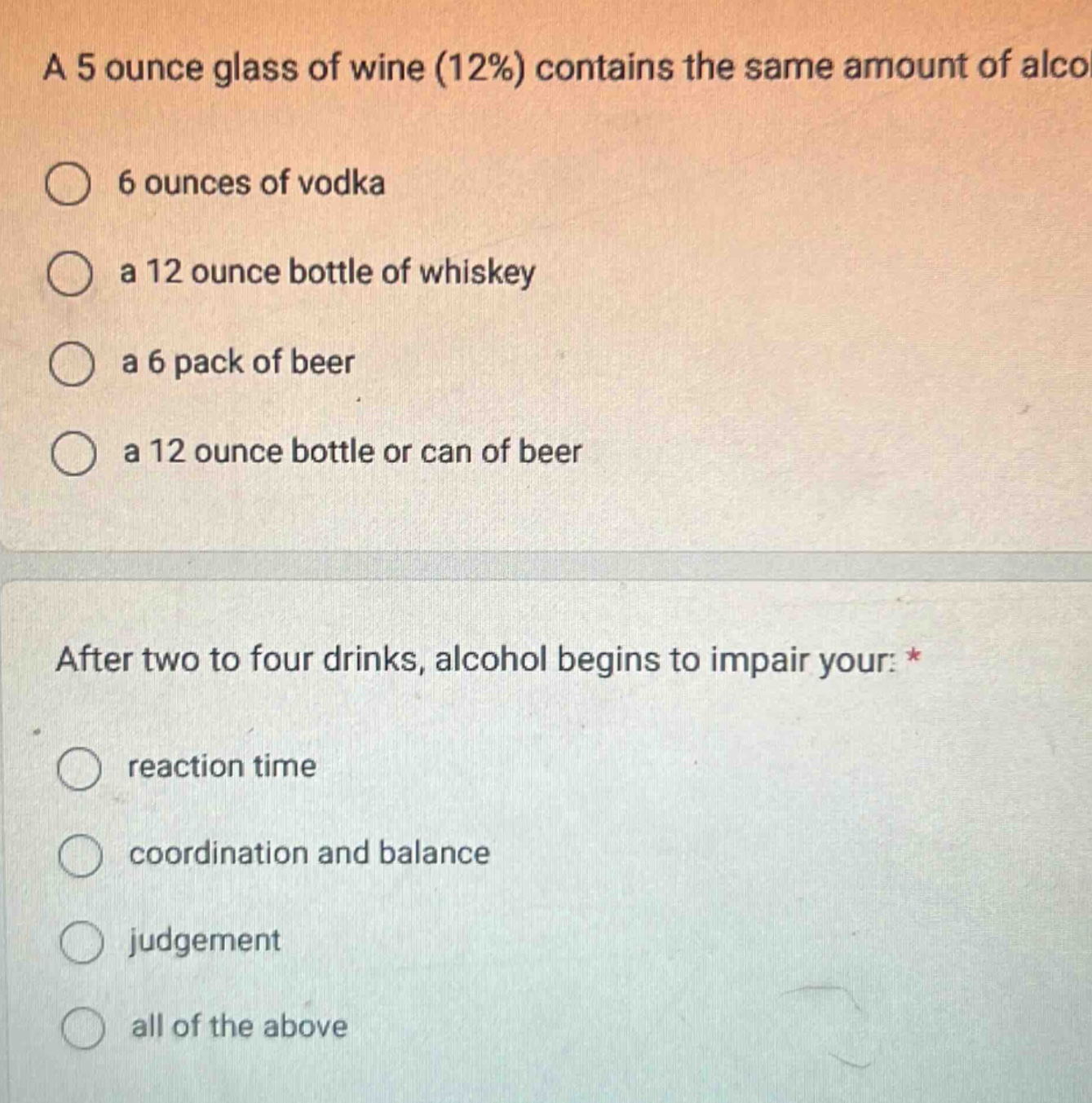 a 5 ounce glass of wine (12%) contains the same amount of alco 6 ounces…