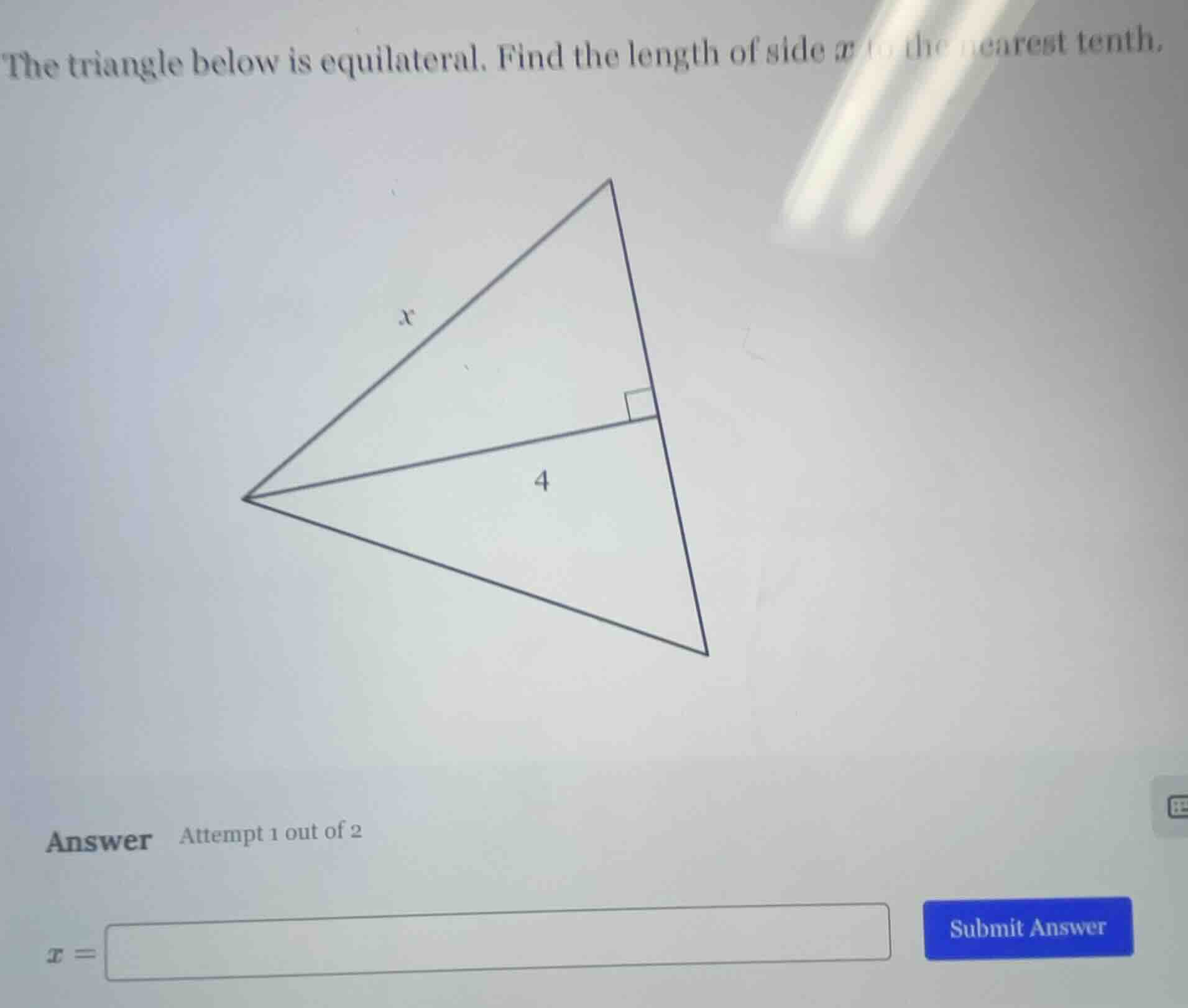 the triangle below is equilateral. find the length of side x to the nea…