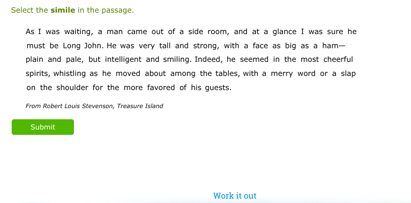 select the simile in the passage. as i was waiting, a man came out of a…