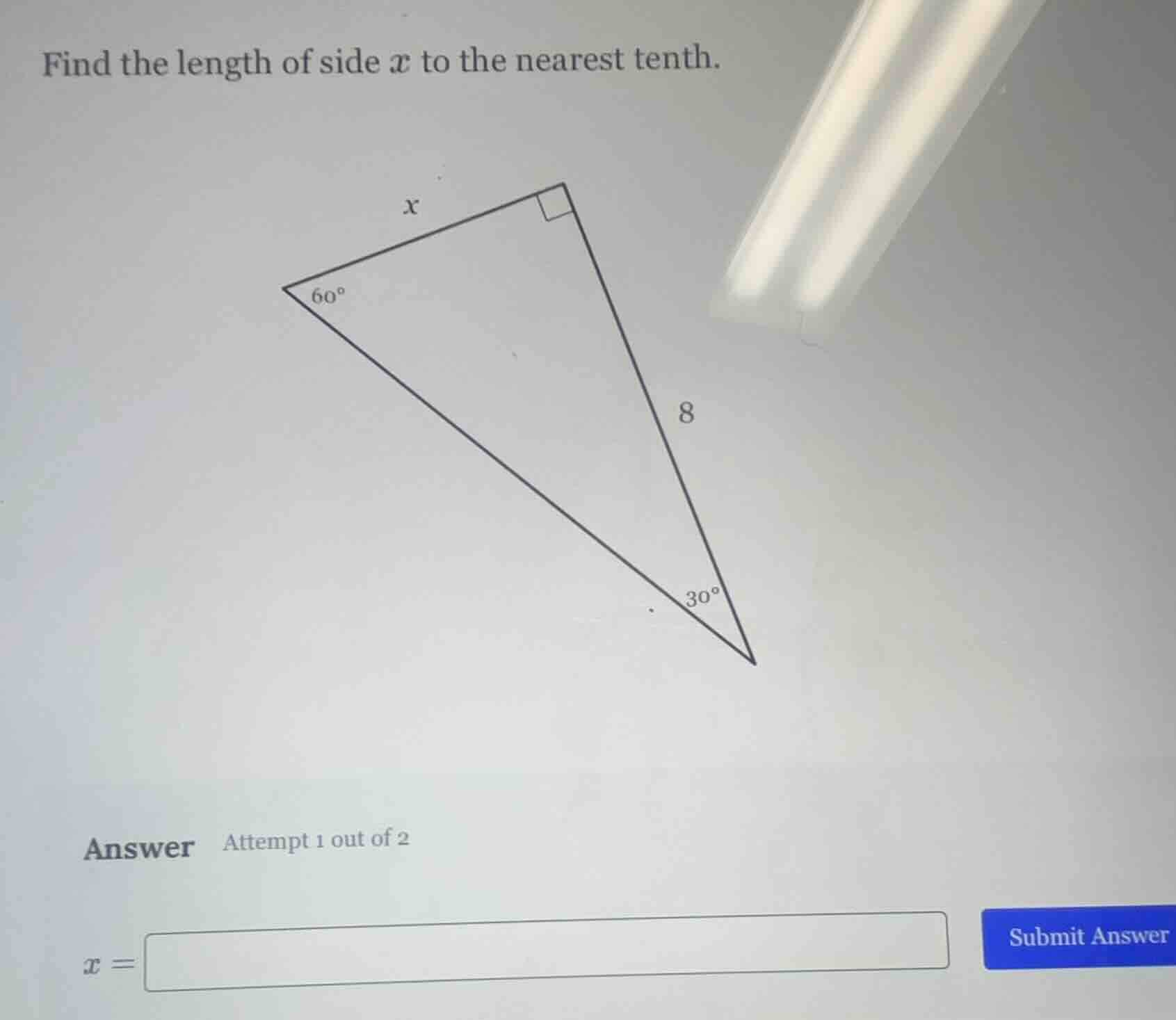 find the length of side x to the nearest tenth. (there is a right trian…