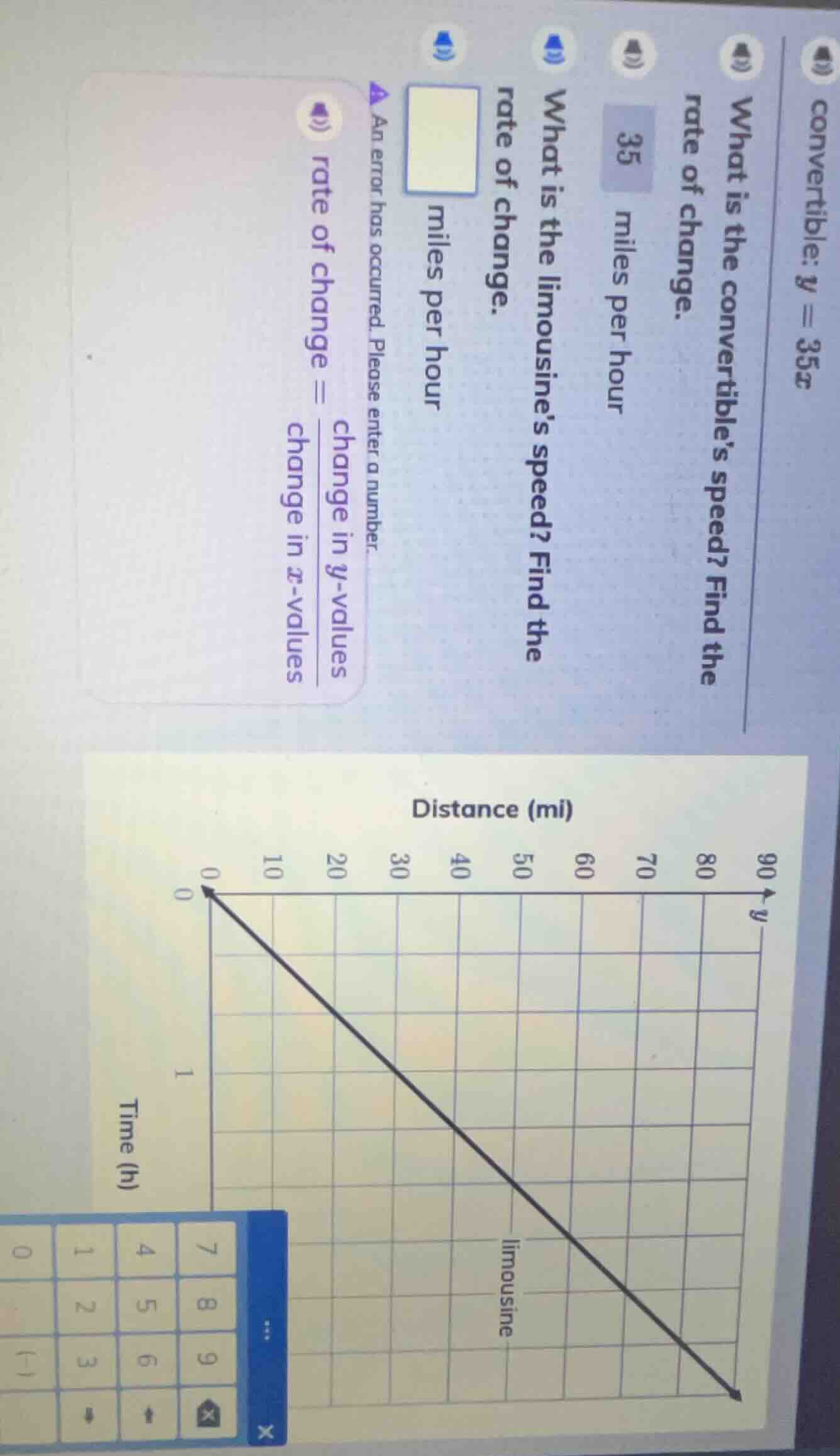 convertible: y = 35x what is the convertible’s speed? find the rate of …