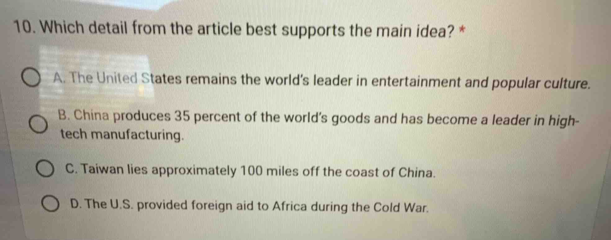 10. which detail from the article best supports the main idea? * a. the…