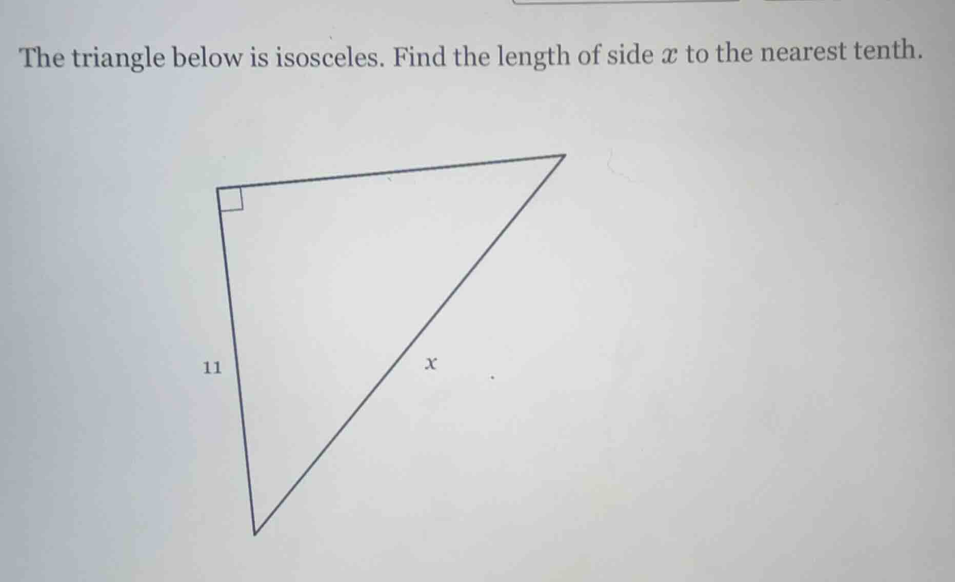 the triangle below is isosceles. find the length of side $x$ to the nea…