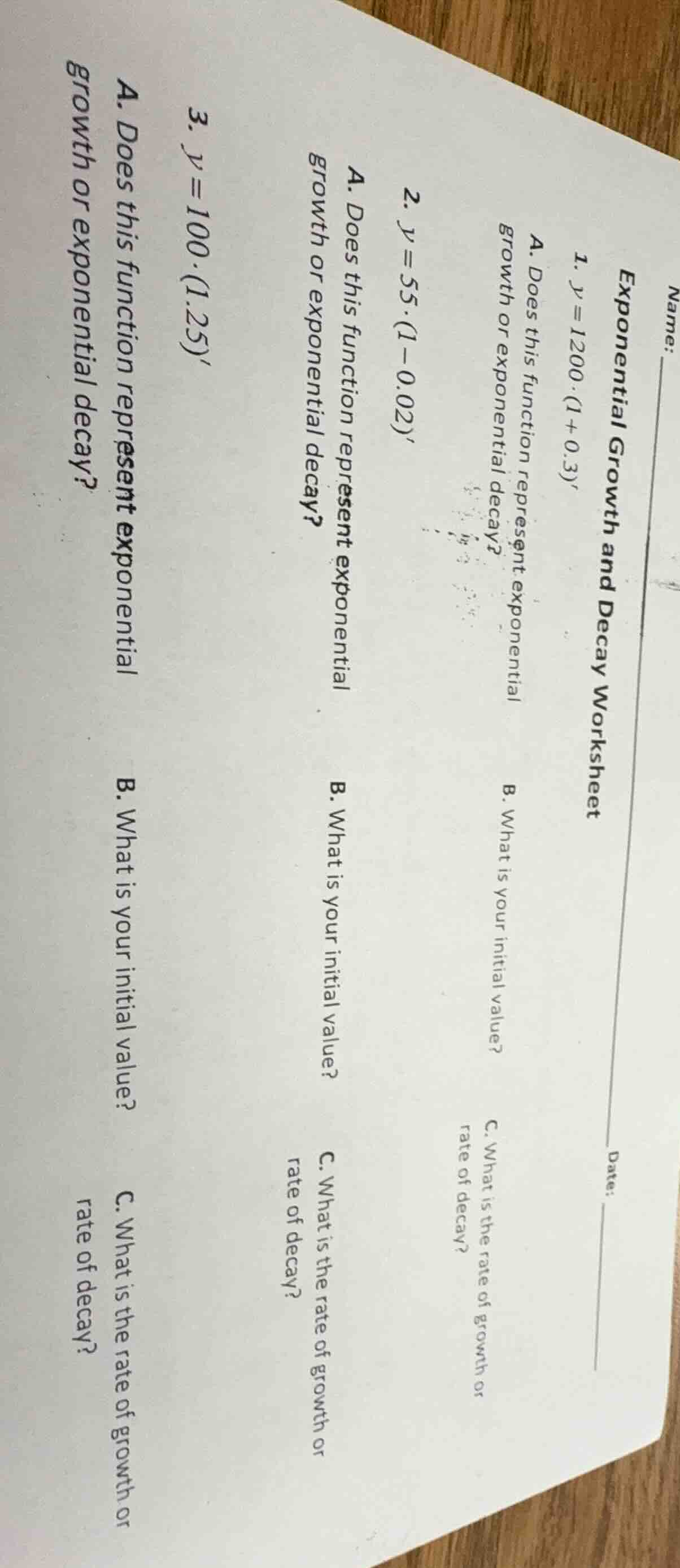 exponential growth and decay worksheet 1. $y = 1200 \\cdot (1 + 0.3)^t$…