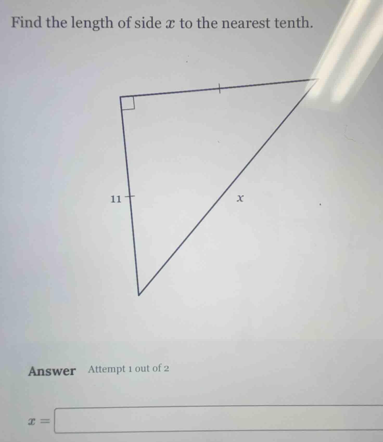 find the length of side $x$ to the nearest tenth. (right triangle with …