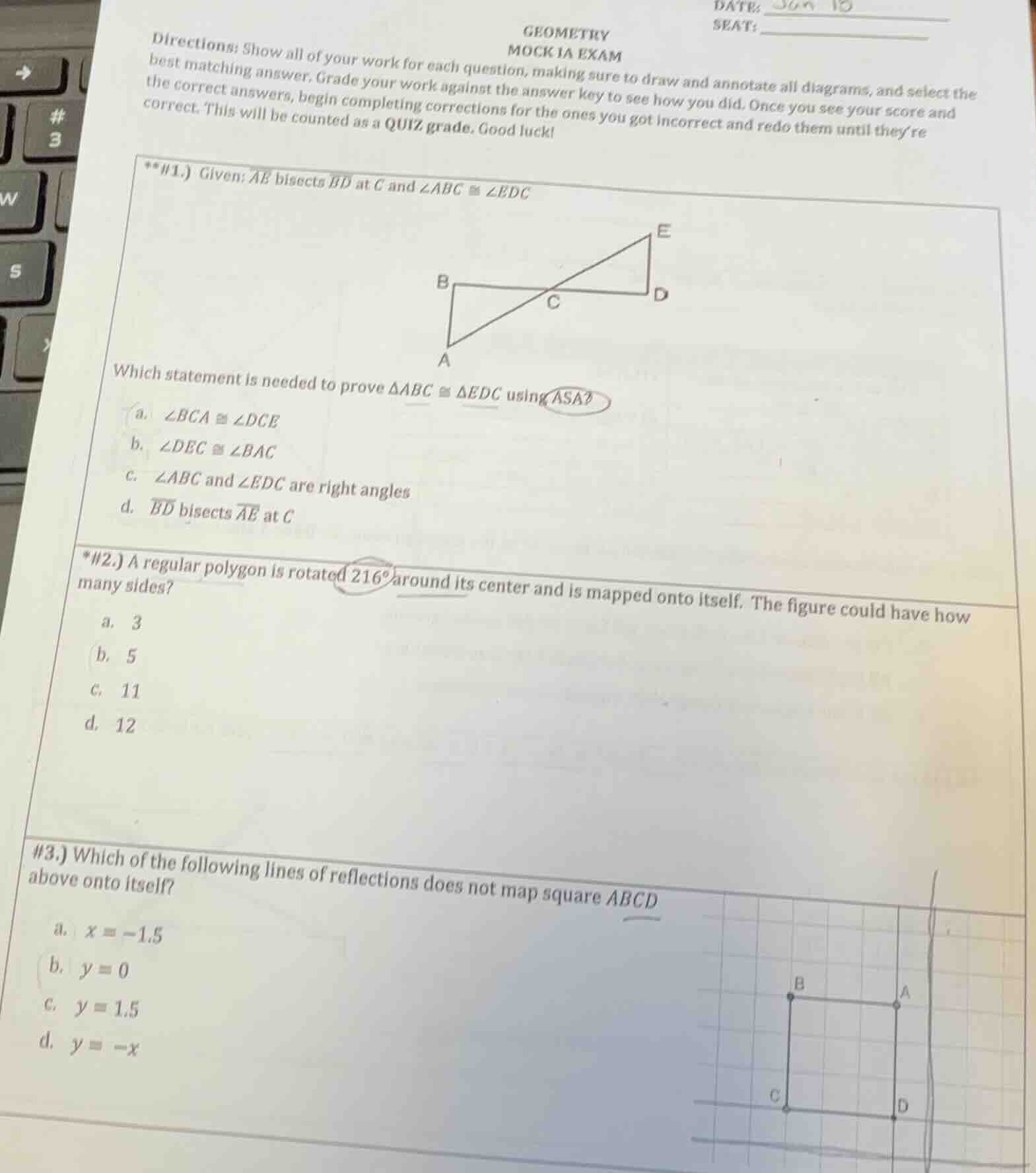 geometry mock ia exam directions: show all of your work for each questi…