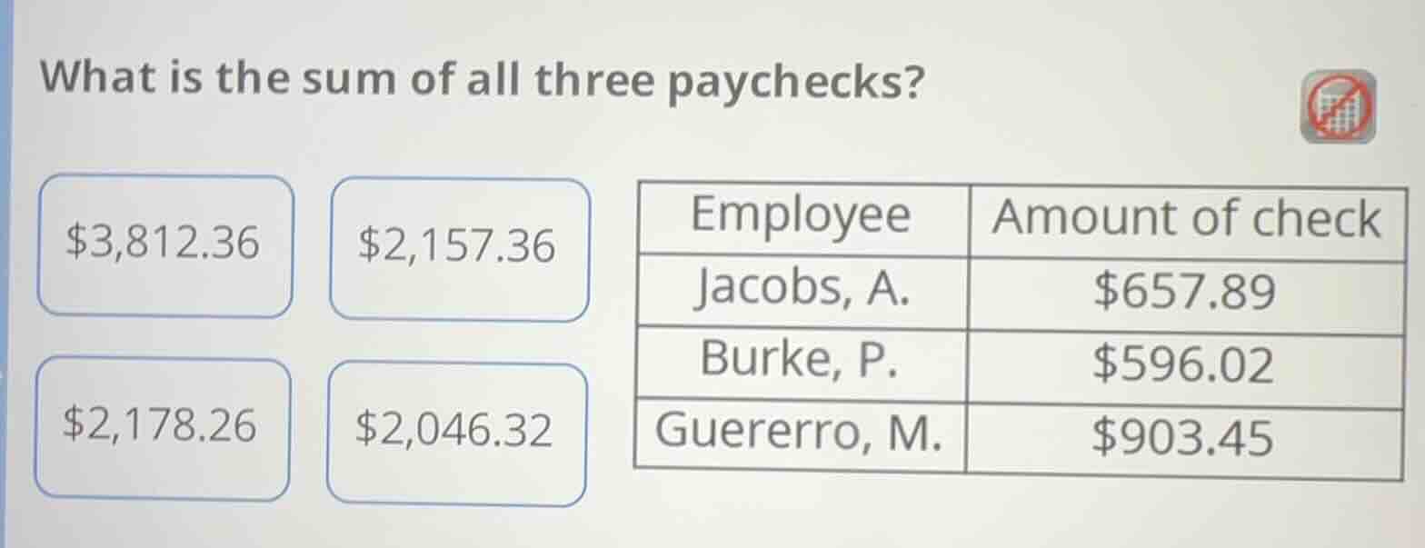 what is the sum of all three paychecks? $3,812.36 $2,157.36 $2,178.26 $…