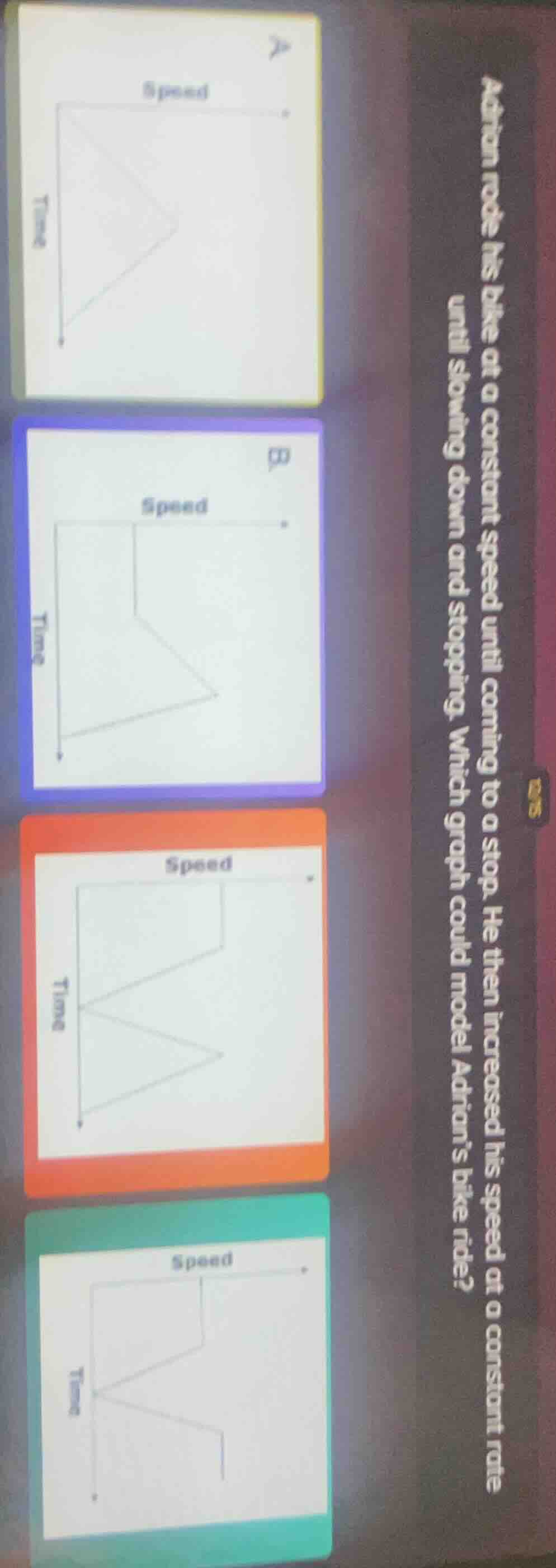 adrian rode his bike at a constant speed until coming to a stop. he the…