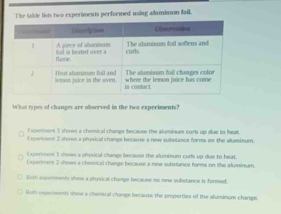 the table lists two experiments performed using aluminum foil. | experi…