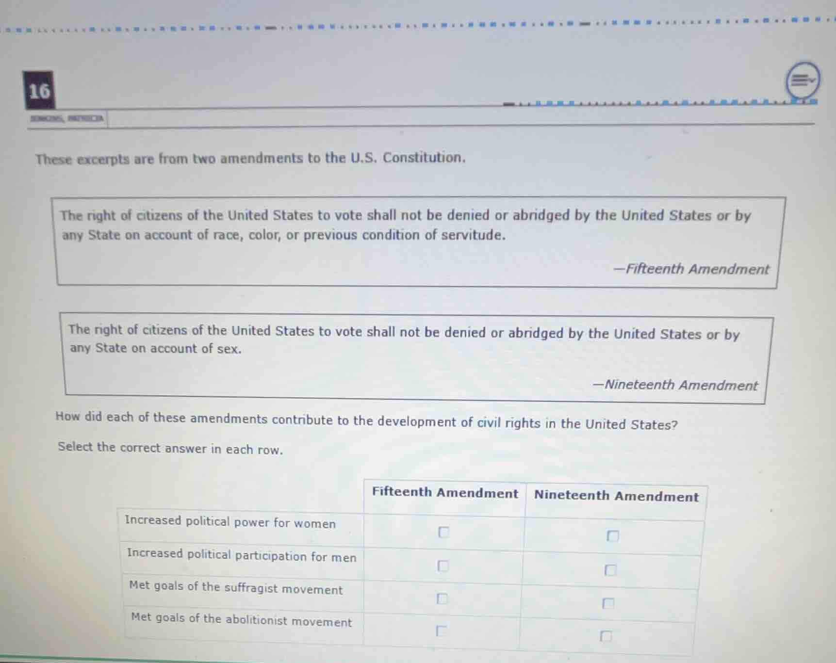 16 these excerpts are from two amendments to the u.s. constitution. the…