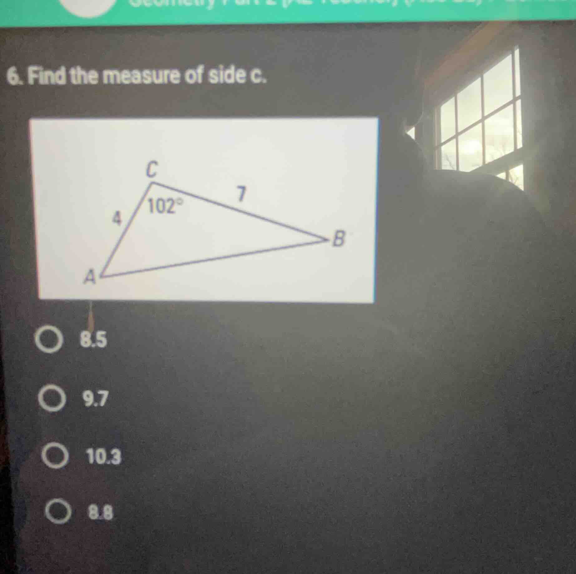 6. find the measure of side c. triangle with vertices a, b, c; side ac …