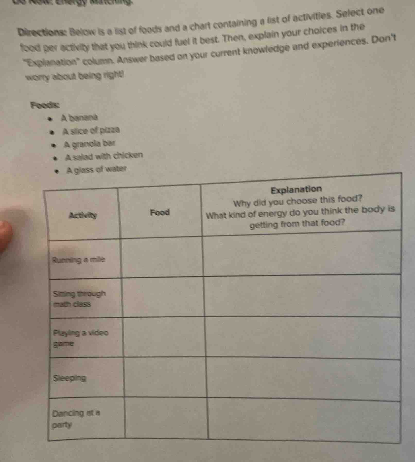 do now: energy matching. directions: below is a list of foods and a cha…